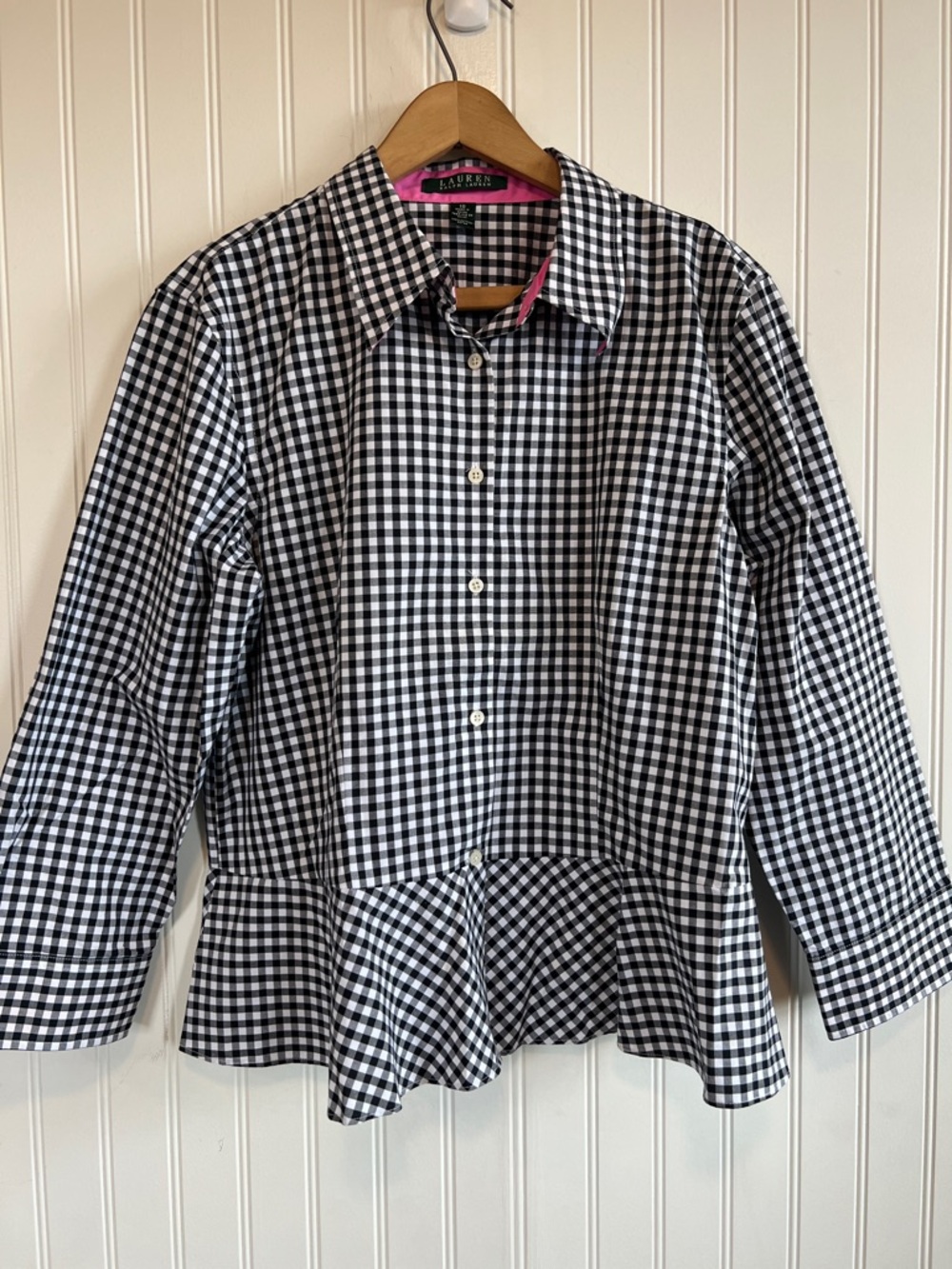 Lauren Ralph Lauren Black & White Gingham Peplum Button-Down Shirt women 10